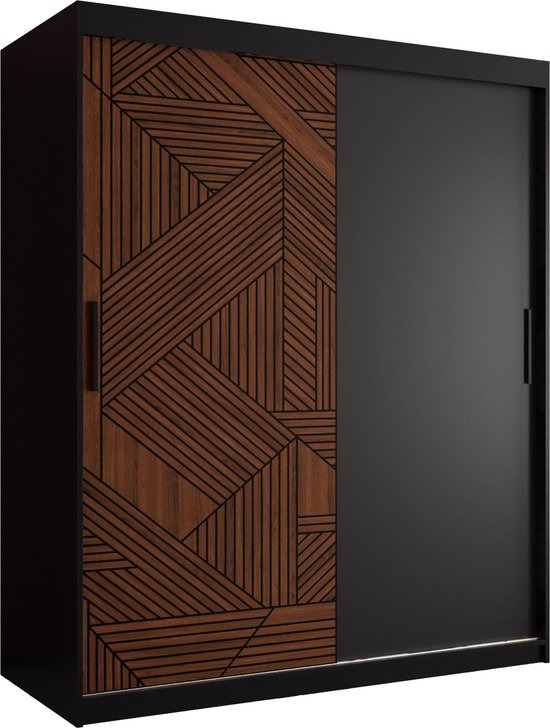 Zweefdeurkast Kledingkast met 2 schuifdeuren Garderobekast slaapkamerkast Kledingstang met planken (LxHxP): 150x200x62 cm - MAKARIA (Zwart houtpatroon + geometrische lijnen, 150)