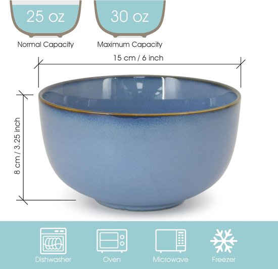 Ensemble Vaisselle Céramique 12 Pièces – Assiettes Et Bols – Bleu Dégradé – Lavable Micro-ondes