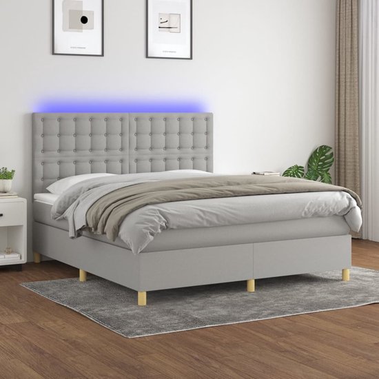 The Living Store Boxspring Bed - Lichtgrijs - 203x160x118/128 cm - Met LED-verlichting