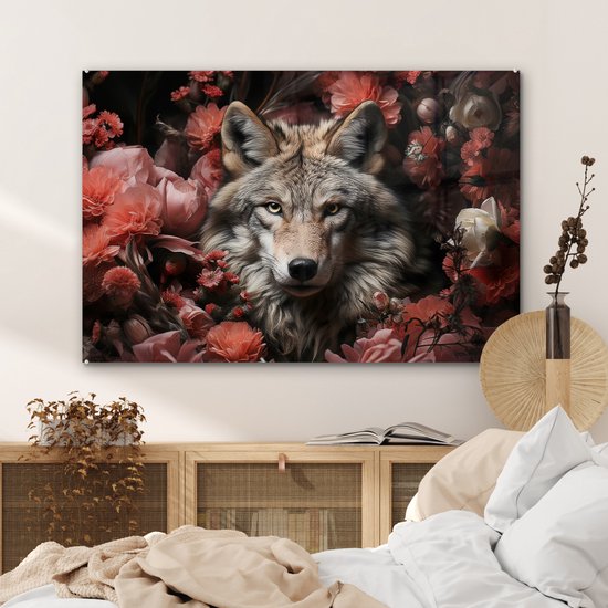 MuchoWow® Peinture sur verre 120x80 cm - Peinture sur verre - Loup - Animal - Fleurs - Botanique - Nature - Fantastique - Photo sur verre acrylique - Peintures