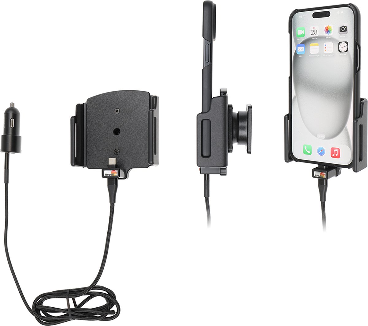 Brodit houder geschikt voor Apple iPhone 15 Plus / 15 Pro Max , Actieve verstelbare houder met 12V USB SIG-Plug 70-83mm