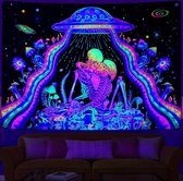 Alishomtll Black Light Tapestry Colourful Pair Skeleton UV Reactive UFO Mushroom Wall Hanging Skull Glow in the Dark Galaxy Plants Wall Towel for Bedroom Living Room 150 x 130 cm
