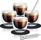 Dubbelwandig espressokopje, 80 ml, set van 4 espressokopjes met lepels en vilten onderzetters