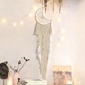 Macrame dromenvanger grote muur hangende maan dromenvanger handgemaakte geweven Boho dromenvanger voor slaapkamer woonkamer 110 cm (beige)