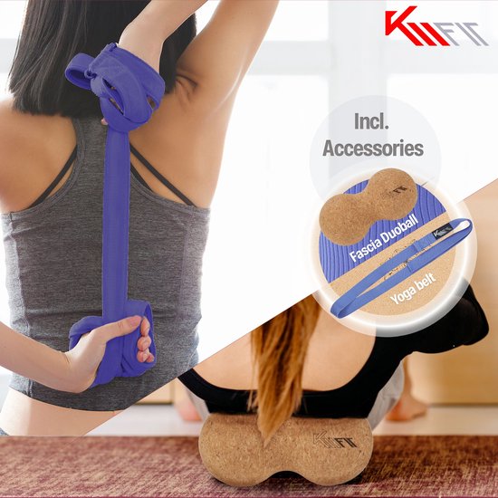 KM-Fit Yoga mat - Fitness mat - Sport mat - extra dik - anti slip - gemaakt van natuurrubber, TPE en katoen - Incl. yogariem & fascia duoball - Paars van KM-Fit — afbeelding 4
