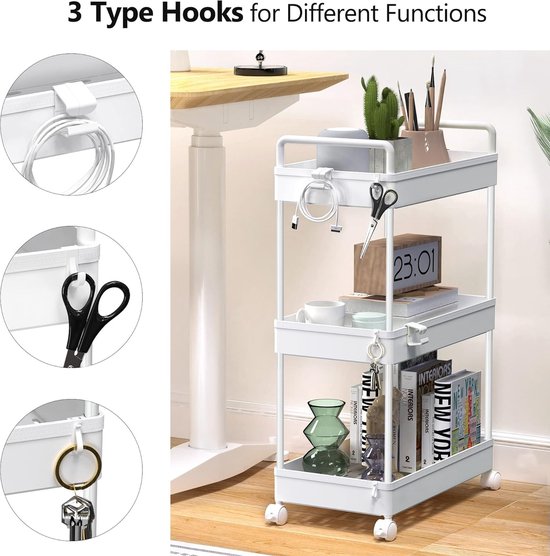 Kleine trolley met wielen, keukentrolley – 4 niveaus trolley organizer, mobiele keukenartikelen opbergorganizer voor slaapkamer, badkamer