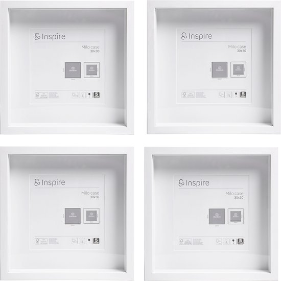 INSPIRE - Set van 4 MILO fotolijsten - 30 x 30 cm - FSC MDF hout - wit - glasplaat - fotolijst - wandmontage