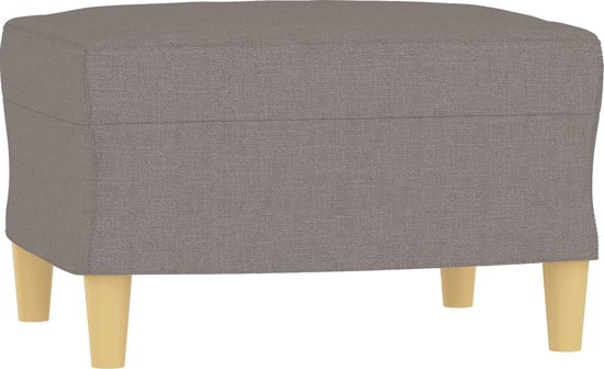 Grijze stoffen hocker met vier houten poten.