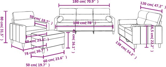 Afmetingen van de loungeset: Fauteuil (80x80x80cm), Poef (78x60x31,5cm), Driezitsbank (198x80x80cm), Tweezitsbank (138x80x86,5cm).