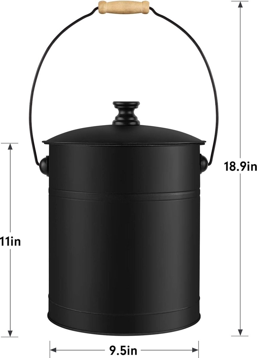 Relaxdays asemmer met deksel, 12 liter, kolenemmer, staal & hout, emmer met hengsel, haard, barbecue & kachel, zwart