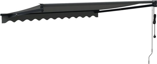 Auvent gris anthracite extensible avec bord festonné et câble de commande.