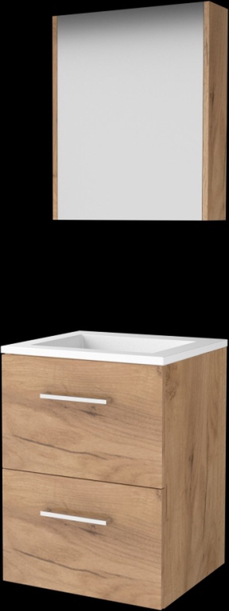 Basic Comfort 46 badmeubelset met spiegelkast, wastafelonderkast met grepen, 2 lades en acryl wastafel zonder kraangaten 50 x 46 cm, whisky oak