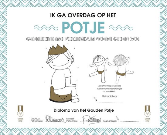 Gefeliciteerd potjeskampioen! Diploma van het Gouden Potje met een illustratie van een lachend kind met een kroon op een potje.