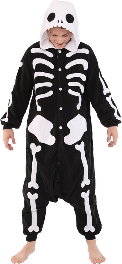 KIMU Onesie Skelet Pak - Maat L-XL - Skeletpak Kostuum Zwart Wit Botten - Halloween Huispak Jumpsuit Pyjama Zacht Dames Heren Overall Festival