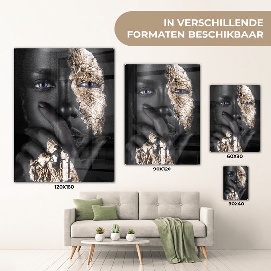 MuchoWow® Peinture sur verre 120x160 cm - Peinture sur verre acrylique - Femme - Or - Zwart - Maquillage - Luxe - Photo sur verre - Peintures