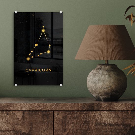 MuchoWow® Glasschilderij 20x30 cm - Schilderij acrylglas - Zodiac signs - Steenbok - Astrologie - Goud - Foto op glas - Schilderijen
