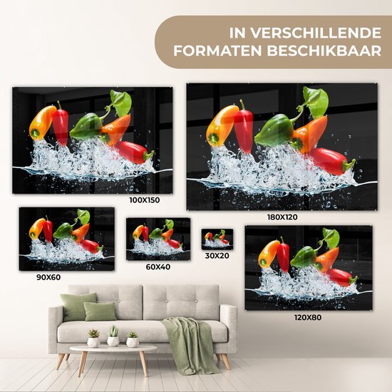 ® Glasschilderij 120x80 cm - Schilderij acrylglas - Pepers - Zwart - Groenten - Water - Blad - Foto op glas - Muurdecoratie woonkamer - Wanddecoratie slaapkamer - Schilderijen
