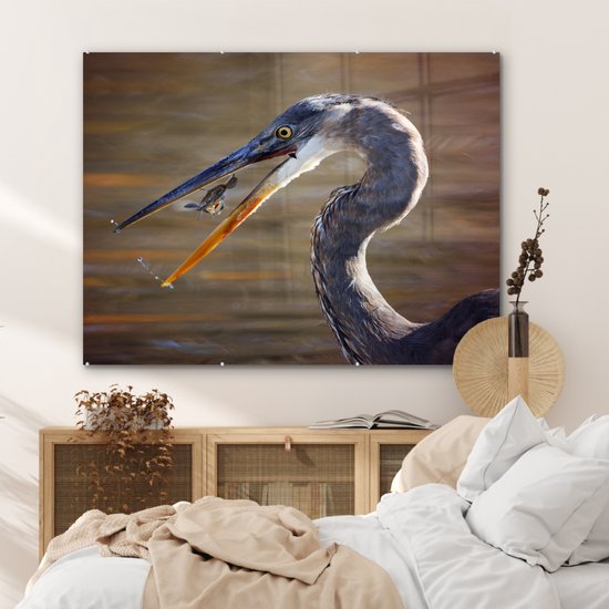 MuchoWow® Peinture sur verre - Héron avec proie - 120x90 cm - Peintures sur verre acrylique - Photo sur Glas