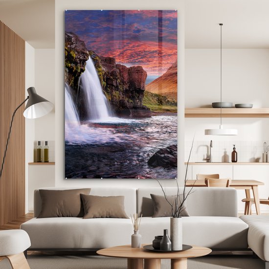 Peinture sur verre - Photo sur verre - Islande - Cascade - Berg - Verre acrylique - Décoration murale - Peinture cascade - Peinture sur verre - 120x180 cm - Décoration murale