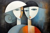JJ-Art (Toile) 150x100 | Femmes avec chapeau, minimalisme moderne, abstrait, art | humain, portrait, bleu marron, orange, blanc | Impression sur toile Photo-Painting (décoration murale)