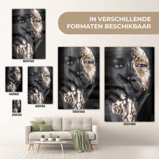 MuchoWow® Peinture sur Verre - Femme - Or - Zwart - Maquillage - Luxe - 80x120 cm - Peintures sur Verre Acrylique - Photo sur Glas