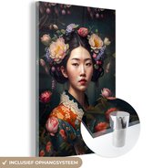 Glasschilderij vrouw - Bloemen - Kimono - Aziatisch - Portret - Glasplaat - Glazen schilderij - Wanddecoratie glas - 80x120 cm - Glasschilderijen woonkamer - Woondecoratie - Foto op glas