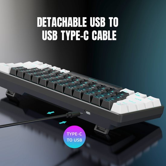 Zijaanzicht van een compact toetsenbord met afneembare USB-C-kabel.