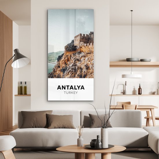 MuchoWow® Glasschilderij 80x160 cm - Schilderij acrylglas - Turkije - Kasteel - Zee - Foto op glas - Schilderijen