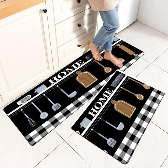 Kitchen Rug Runner Rubber Back, 2 Pieces Kitchen Runner Non-Slip Washable Rug for Hallway Kitchen 40 x 120 cm, 40 x 60 cm (Black/White)