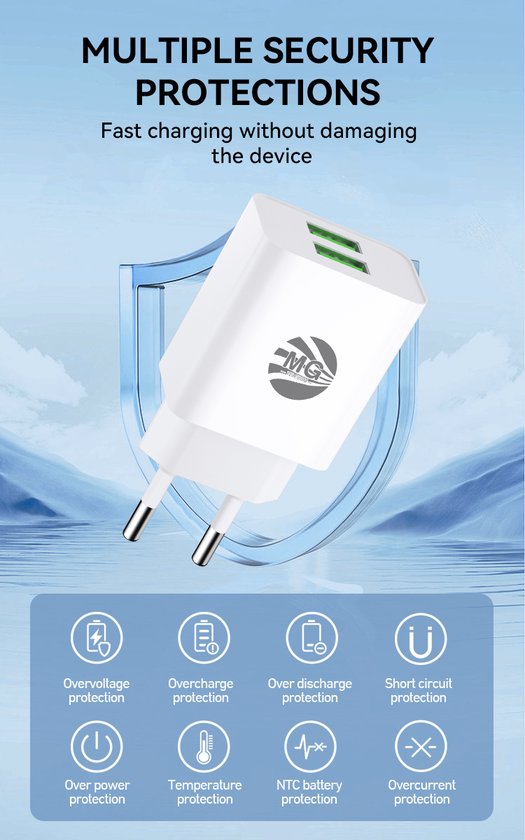 MG - Adaptateur USB avec câble - 2,4 A - Chargeur rapide avec câble - 2x Port USB avec câble de 1 m - USB vers Type-C - Wit
