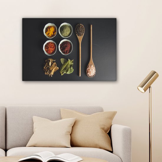 Toile Peinture Louche - Épices - Herbes - Vert - Marron - Rustique - 90x60 cm - Décoration murale