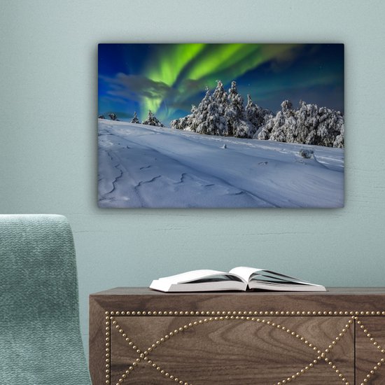 Aurores boréales au-dessus d'un paysage d'hiver avec des arbres toile 2cm 30x20 cm - petit - Tirage photo sur toile (Décoration murale salon / chambre) / phénomènes naturels Peintures sur toile