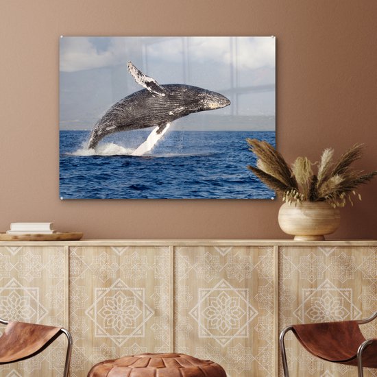 MuchoWow® Peinture sur verre 80x60 cm - Peinture sur verre acrylique - Une baleine à bosse sautant hors de l'eau - Photo sur verre - Peintures