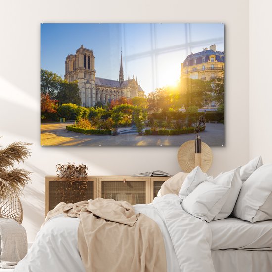 MuchoWow® Peinture sur verre 180x120 cm - Peinture sur verre - Paris - Notre Dame - Soleil - Photo sur verre acrylique - Peintures