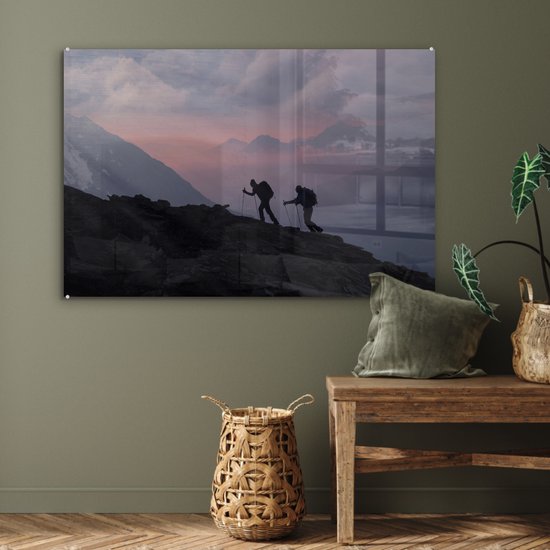 MuchoWow® Peinture sur verre 90x60 cm - Peinture sur verre acrylique - Deux alpinistes escaladent une montagne au lever du soleil - Photo sur verre - Peintures