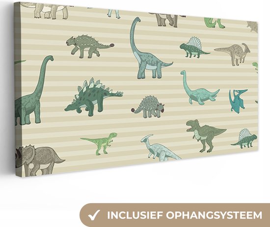 Canvas schilderij dinosaurus - Kinderkamer decoratie - Dino - Dieren - Design - Groen - Kids - Muurdecoratie kinderkamer - Canvasdoek kinderen - 40x20 cm