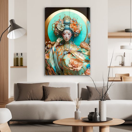 ® Glasschilderij 80x120 cm - Schilderij acrylglas - Vrouw - Kimono - Bloemen - Goud - Portret - Foto op glas - Muurdecoratie woonkamer - Wanddecoratie slaapkamer - Schilderijen