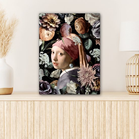 Toile de Oude Meesters - 30 x 40 - Peinture sur toile - Vermeer - Fleurs - Fille avec une boucle d'oreille en perle