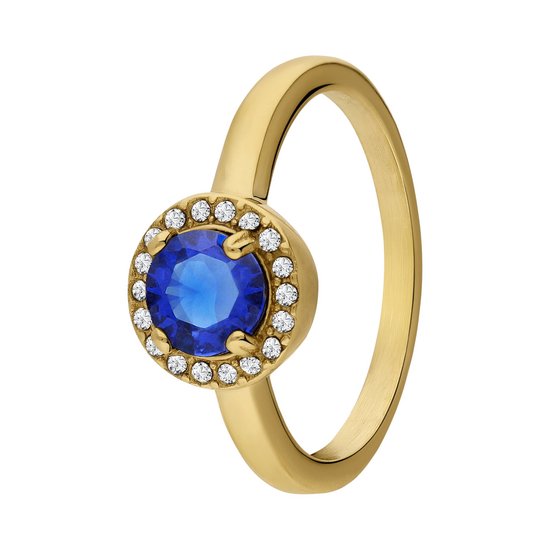 Lucardi Dames Stalen goldplated vintage ring met blauwe zirkonia - Ring - Staal - Goudkleurig