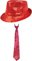 Carnaval verkleed set - hoedje en stropdas - rood - volwassenen - glitters