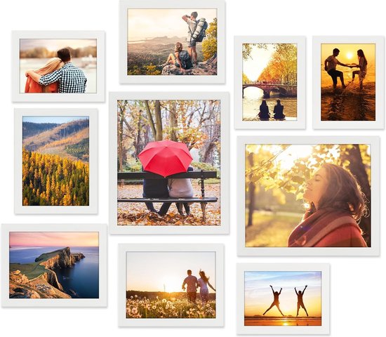 Set van 10 witte fotolijsten in verschillende maten, collagefotolijst voor meerdere foto's van 10 x 15 cm (4 stuks), 13 x 18 cm (4 stuks), 20 x 25 cm (2 stuks), moderne fotolijst voor aan de muur of op tafel.