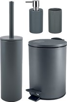 Spirella Ensemble d'accessoires de salle de bain - Brosse WC/poubelle à pédale/distributeur de savon/tasse - métal/céramique - gris foncé - Aspect Luxe