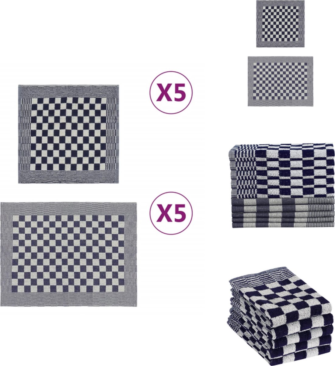 vidaXL Keukendoeken - Set van 10 - Blauw en wit - 100% katoen - 5x theedoek (50x70 cm) + 5x handdoek (50x50 cm) - Handdoek