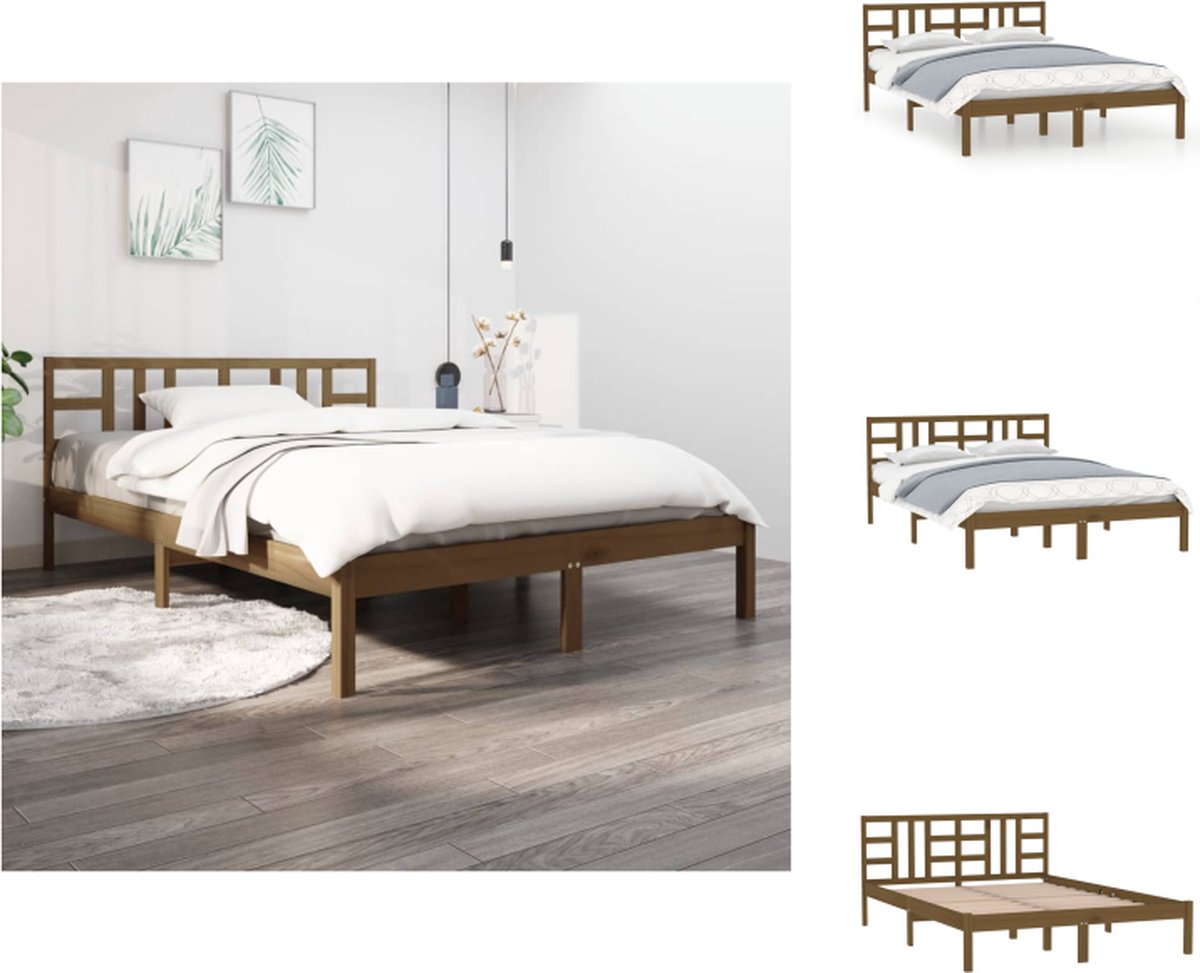 VidaXL Klassiek bedframe Massief grenenhout Multiplex lattenbodem 205.5 x 125.5 x 31 cm Honingbruin Bed