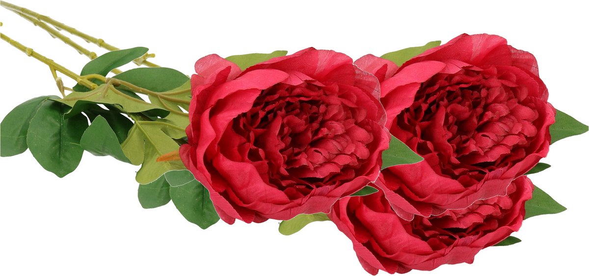 Mica Decorations Kunstbloem pioenroos - 3x - donker roze - 76 cm - polyester - decoratie bloemen rozen Donkerroze