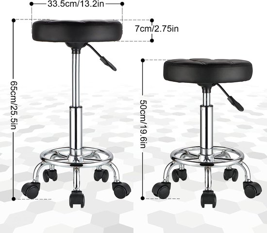 Tabouret roulant rond en cuir PU, tabouret pivotant réglable en