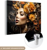 Glasschilderij 120x90 cm - Vrouw bloemen - Foto op glas - Woonkamer schilderij portret - Schilderijen slaapkamer - Kamer decoratie glasplaat - Wanddecoratie glasschilderijen - Muurdecoratie kleurrijk