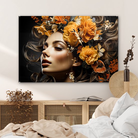 Peinture sur verre 120x80 cm - Femme fleurs - Photo sur verre - Tableau salon portrait - Tableaux plexiglas chambre - Décoration chambre plaque de verre - Décoration Décoration murale peintures sur verre - Décoration murale colorée