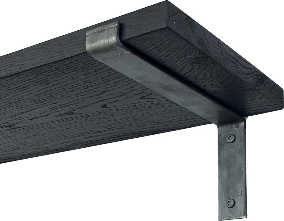 GoudmetHout Wandplank Industrieel - 180 x 25 cm Muurplank - Zwart Eiken Hout - Decoratie Wandrek & Boekenrek - Hangplank Keuken - Wall Shelf + 2 Plankdragers van Ruw Staal Zwart - Zonder coating - 25 cm