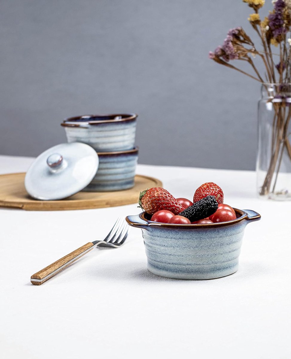 Mini Cocotte mit Deckel, Auflaufform Keramik mit Griffen & Deckel, Runde Auflaufförmchen mit Deckel für Lasagne, Soufflé, Creme Brûlée, Dessert, Für Mikrowelle & Backofen (Gelb, S-1pc